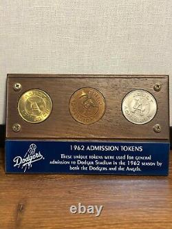 1962 LA Dodgers Angels Stadium Admission Tokens (3) in Display Case MINT NIC COA