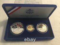 1986 Statue Of Liberty 3 Coin Gold & Silver Proof Set withBox, Display Case, & COA