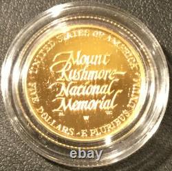 1991-W PROOF-Mount Rushmore Anniversary $5 Gold Coin-Original Display Case & COA