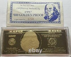 1997 $100 Golden Proof Dollar Franklin 4 Oz withCOA/Display Case. 24kt/Silver. 999