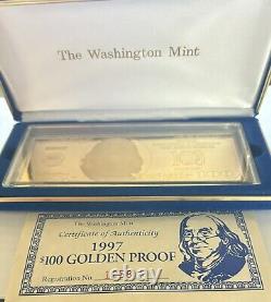 1997 $100 Golden Proof Dollar Franklin 4 Oz withCOA/Display Case. 24kt/Silver. 999