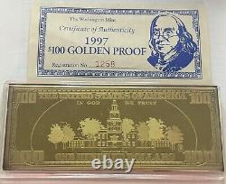 1997 $100 Golden Proof Dollar Franklin 4 Oz withCOA/Display Case. 24kt/Silver. 999