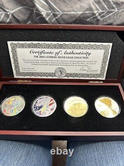 2004 Ultimate Silver Eagle Collection. 4 Coin Set. In Wooden Display With COA
