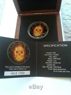 2015 American Silver Eagle Burning Liberty Skull In Wooden Display Case And Coa