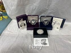 3 AMERICAN SILVER EAGLE COINS WithOGP DISPLAY CASES, OUTER BOXES AND COA S