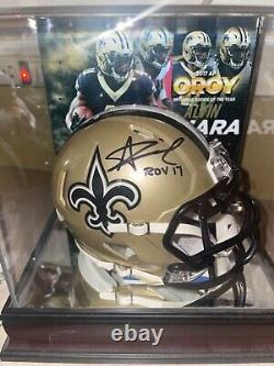 Alvin Kamara autographed OROY mini helmet with COA & OROY display case