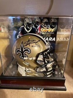 Alvin Kamara autographed OROY mini helmet with COA & OROY display case