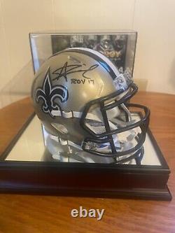 Alvin Kamara autographed OROY mini helmet with COA & OROY display case