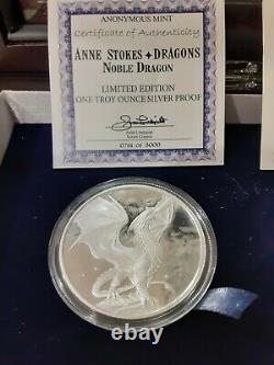 Anne Stokes NOBLE DRAGON ALL 3 1 oz Silver Rounds. 999 Fine + COAs &Display Case