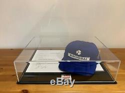 Ayrton Senna signed cap plus signed letter with COA and HQ display case