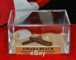 D-DAY Normandy OMAHA Beach SAND, BULLET SHELLS Display, CASE Stamp NEWSPAPER COA