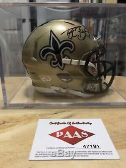 Drew Brees Autographed Gold New Orleans Saints Mini Helmet (COA) With Display Case
