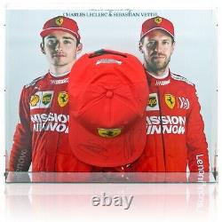 Formula 1 Ferrari Cap Hand Signed by Lelerc & Vettel in display case AFTAL COA
