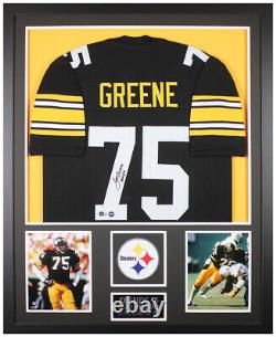 Joe Greene Autographed HOF 87 and Framed Black Pittsburgh Jersey Beckett COA