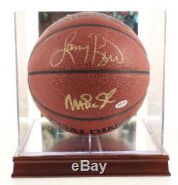 Magic Johnson & Larry Bird Signed NBA Logo Basketball with Display Case PSA COA