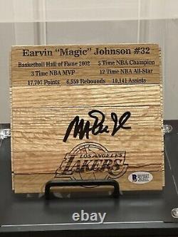Magic Johnson Signed 6x6 Floorboard Piece withStand And Display Case. Beckett COA