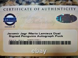 RARE Mario Lemieux/Jaromir Jagr Dual Signed Hockey Puck COA Lighted Display Case