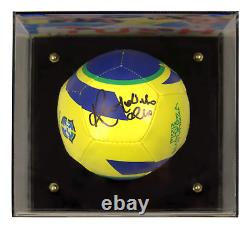 Ronaldinho Signed Nike Soccer Ball with Display Case & Photo Print Beckett COA
