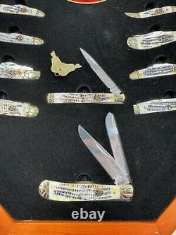 Set Of 10 Mustang Knives In A Wood With Glass Front Display Case & Coa Rare