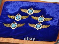 USSR SOVIET COSMONAUT WINGS PINS RUSSIAN SET Of 5 With COA & DISPLAY CASE