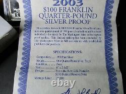 $ 100 Dollar Bill 4 Oz Oz Silver Bar 1/4 Livre Proof Coa & Vitrine 2003