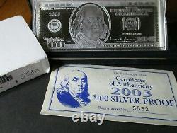 $ 100 Dollar Bill 4 Oz Oz Silver Bar 1/4 Livre Proof Coa & Vitrine 2003