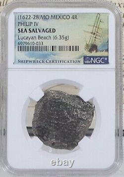 1622-28 4 Reale Cob, épave lucayenne NGC authentique avec boîte d'affichage et certificat d'authenticité