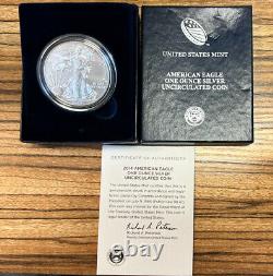 2014-w American Silver Eagle Uncircularted Coin Withdisplay Case, Box, & Coa Ounces