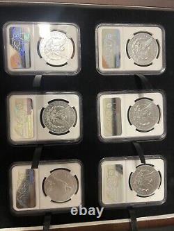 2021 Ensemble de 6 pièces de monnaie en argent Morgan Peace Dollar avec boîtes d'affichage, certificats d'authenticité (COAs) NGC MS70