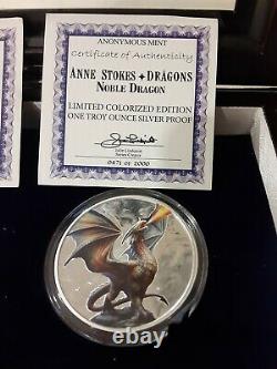 Anne Stokes Noble Dragon Toutes Les 3 1 Oz Silver Rounds. 999 Fine + Coas &display Case