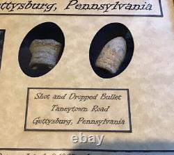 Balles de la guerre civile de Gettysburg tombées et tirées dans un étui d'affichage mat avec COA