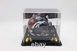 Casque miniature Denver Broncos autographié par John Elway avec certificat JSA COA et boîtier d'affichage