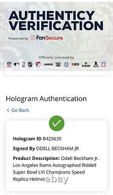 Casque signé des champions LVI des Rams d'Odell Beckham Jr. + boîtier d'affichage + certificat d'authenticité de Fanatics