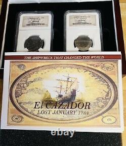 Ensemble 1783 Et 1760mo Ff Mexique 2r El Cazador Pièces De Shipwreck Case D'affichage Coa #d