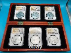 Ensemble de 6 pièces de monnaie en argent Peace Morgan 2021 dans une boîte d'affichage avec certificats d'authenticité NGC MS70 FR.