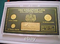 Ensemble de pièces d'or de Singapour de 1994 dans un coffret en bois, édition limitée 451/500.