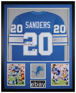 Maillot des Lions bleus dédicacé et encadré par Barry Sanders, certifié par Beckett COA