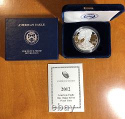 Pièce d'argent American Eagle 1 once épreuve 2012-W avec boîte, étui en velours et certificat d'authenticité