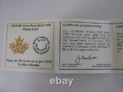 Pièce de monnaie en or pur 9999, preuve de 50 cents du Canada de 2015, feuille d'érable, avec boîtier d'exposition et certificat d'authenticité (COA).