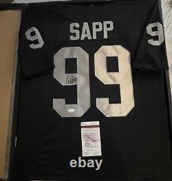 Warren Sapp Signé Sur Mesure Oakland Raiders Jersey Dans 32x24 Cas D'affichage Jsa Coa
