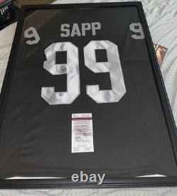 Warren Sapp Signé Sur Mesure Oakland Raiders Jersey Dans 32x24 Cas D'affichage Jsa Coa